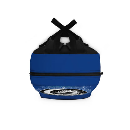 Blue drawstring backpack pouch with black cross strap and yin-yang dragon emblem