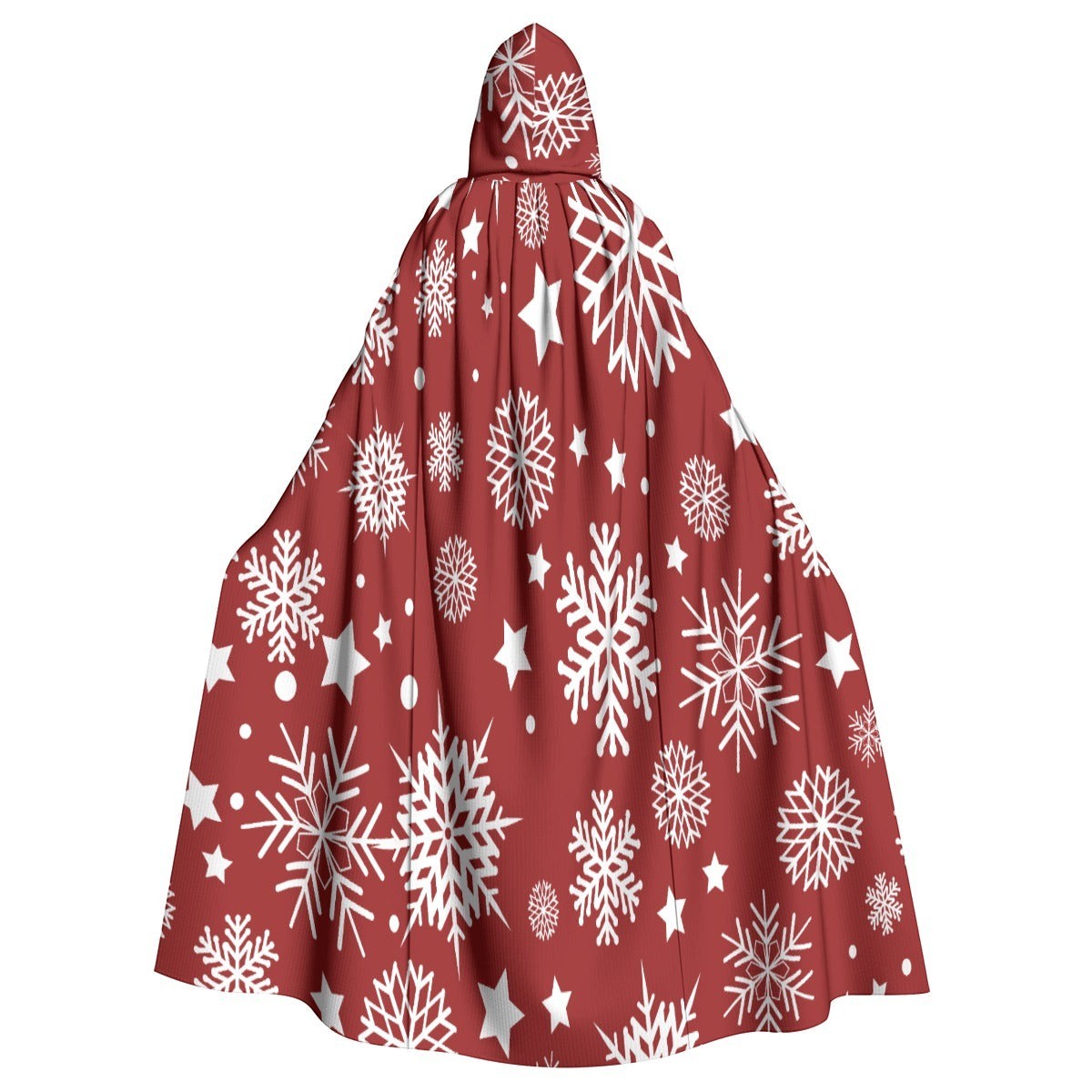 Maroon hooded cape with white snowflake and star print, front view on white background