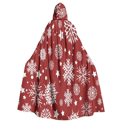Maroon hooded cape with white snowflake and star print, front view on white background