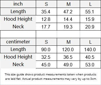 Size chart table with hood height and length measurements in inches and centimeters