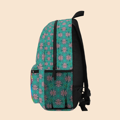 Teal backpack side view with black straps and zippered front pocket