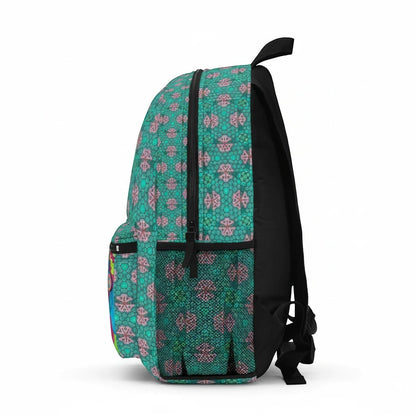 Teal backpack angled view with black back panel and dangling straps