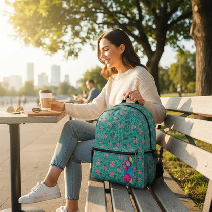 Teal art backpack with black trim worn outdoors, front pocket visible