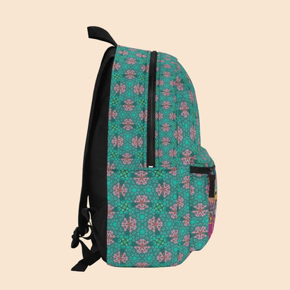 Teal backpack front side view with vertical zipper and black adjustable straps