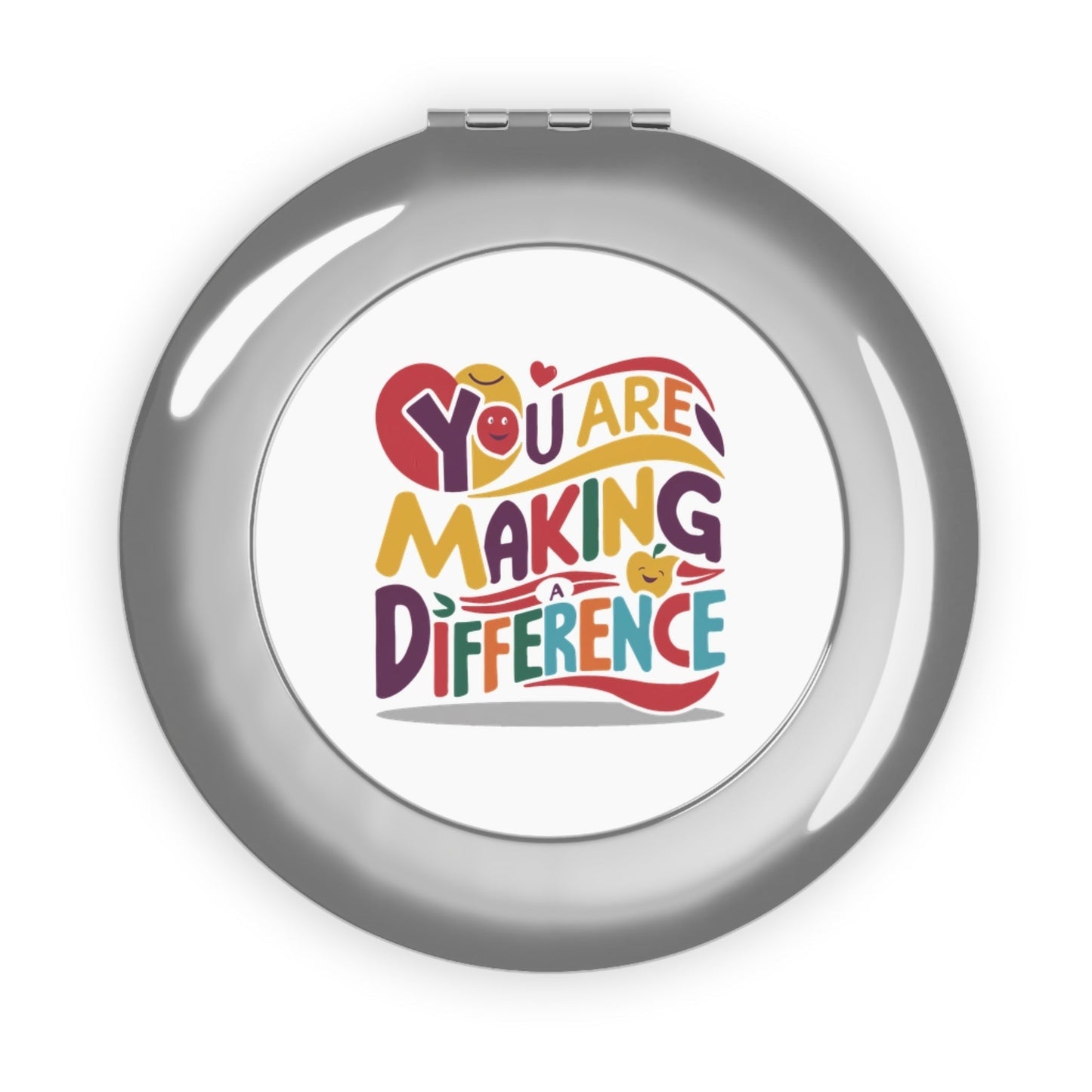 Silver glossy round compact mirror with front logo graphic and hinge at top