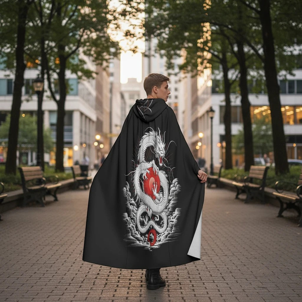 Black hooded microfiber cloak/cape with dragon graphic on back, open front