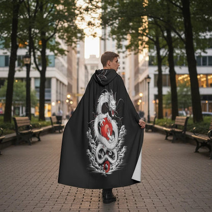 Black hooded microfiber cloak/cape with dragon graphic on back, open front
