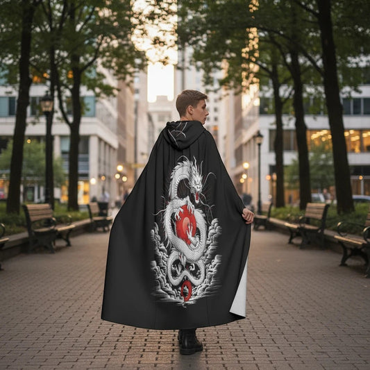Black hooded microfiber cloak/cape with dragon graphic on back, open front