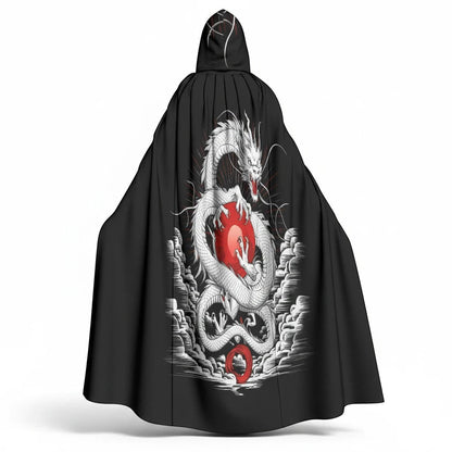 Back of black hooded cloak with dragon graphic, wide cape flare