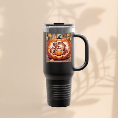 40oz insulated travel mug, black with dragon pumpkin graphic and side handle