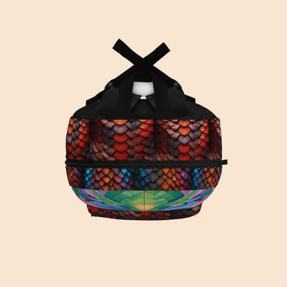 Round-top dragon-scaled backpack with black bow handle strap and front band