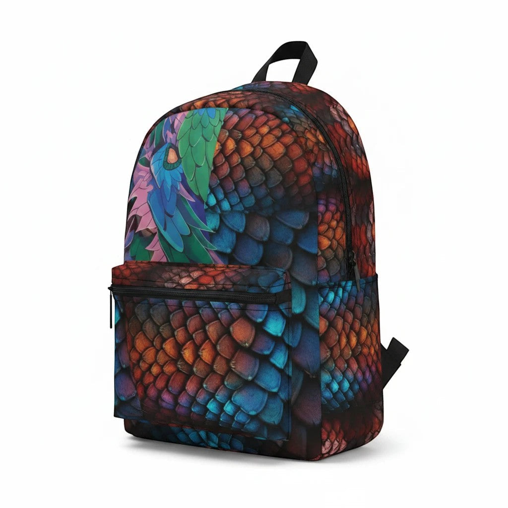 Dragon-scaled backpack with green-and-blue wing graphic and front pouch
