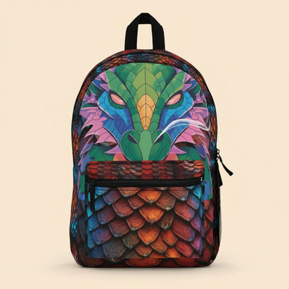 Dragon-scale printed backpack with black trim, front zipper pocket, and top handle straps.