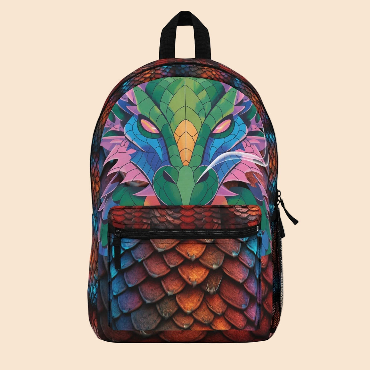 Dragon-scaled backpack with teal dragon face art, black band, and front tie detail