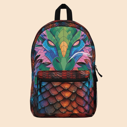 Dragon-scaled backpack with teal dragon face art, black band, and front tie detail
