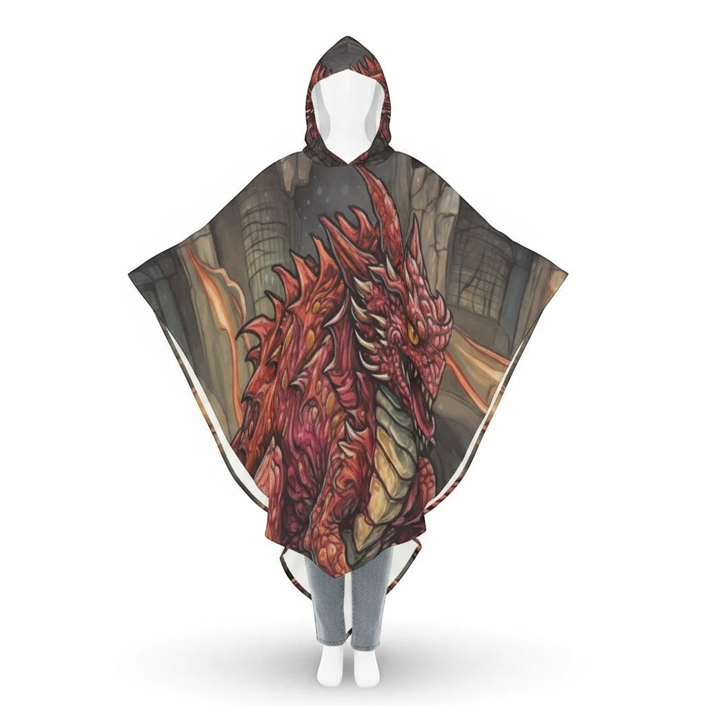 Unisex hooded cape with large red dragon artwork, flowing cape sides