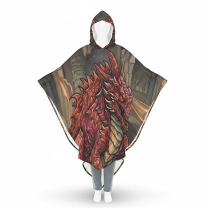 Unisex hooded cape with large red dragon artwork, flowing cape sides
