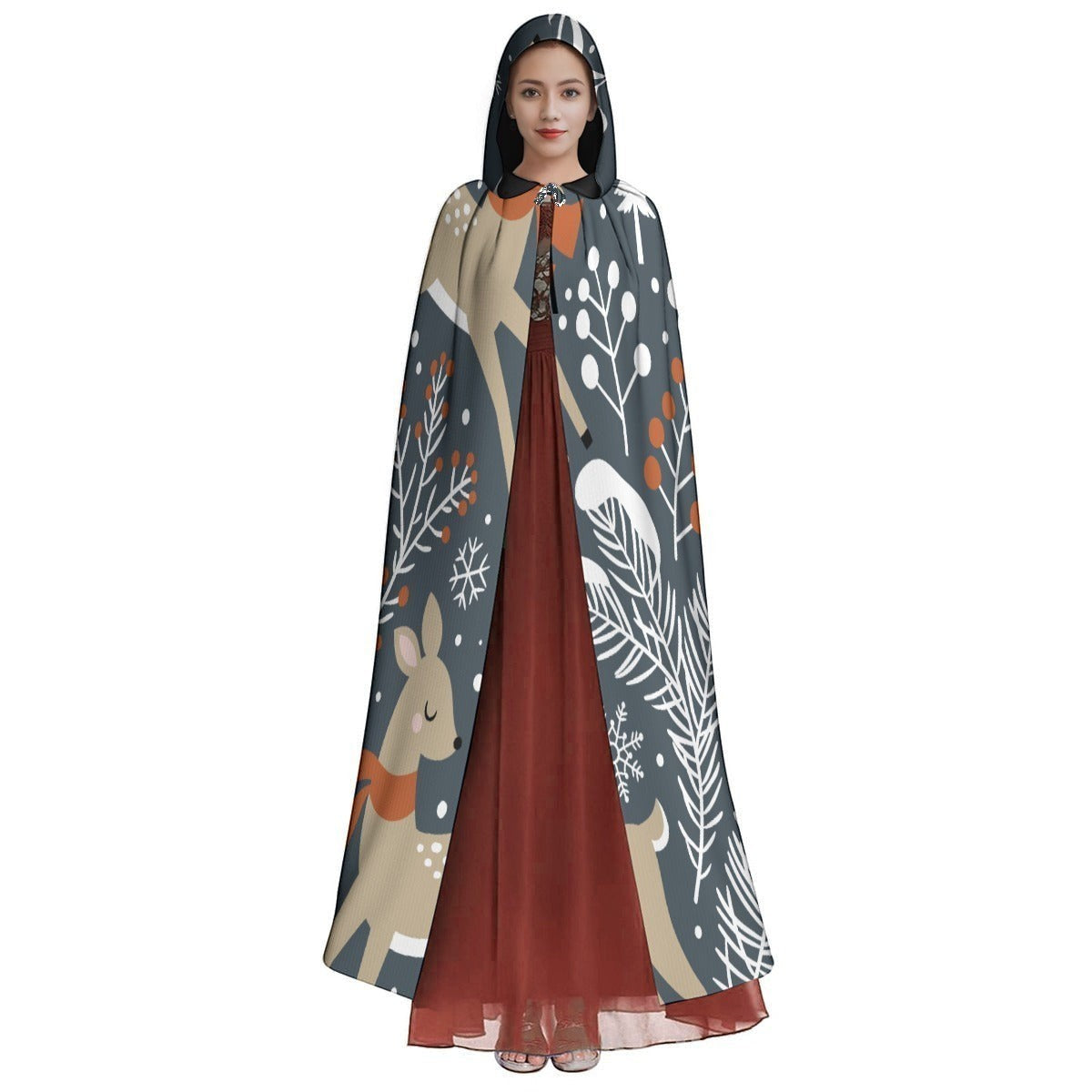Unisex hooded cloak cape with dark woodland deer and leaf pattern, long drape, open front