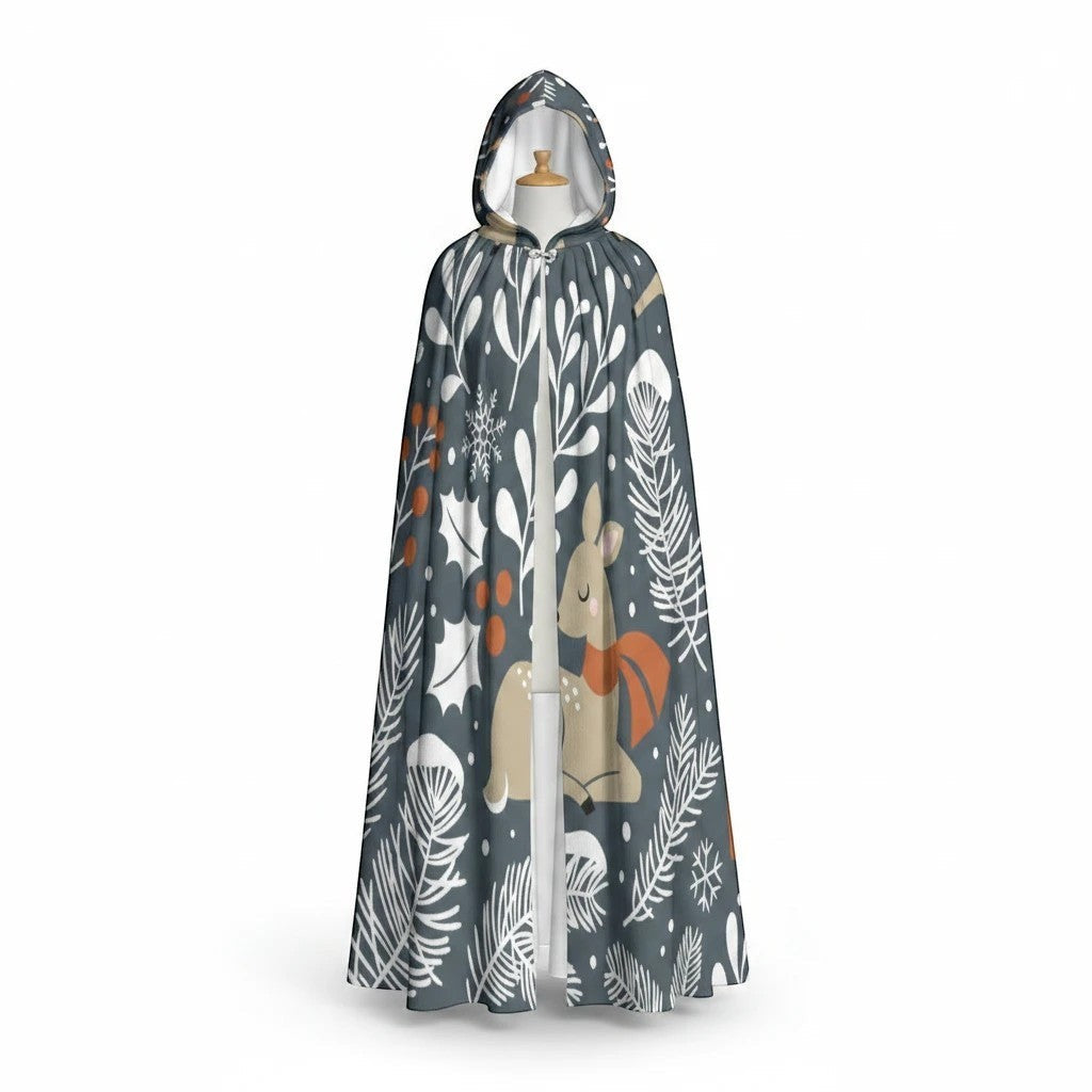Front hooded cloak product view with dark blue forest animal and leaf pattern
