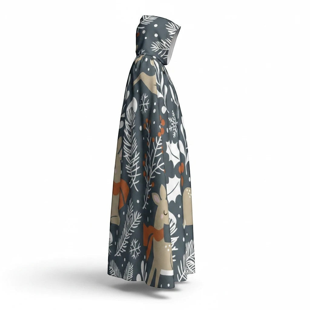Hooded cape product view, dark blue woodland print with deer and leaves