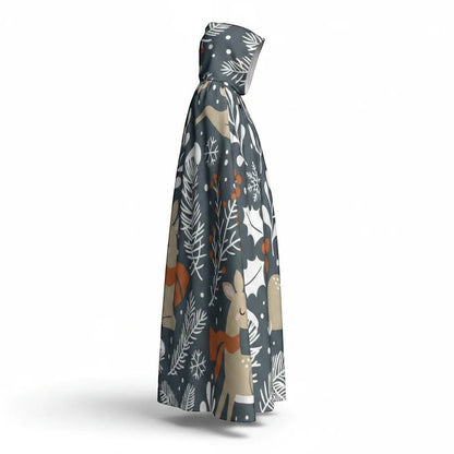 Hooded cape product view, dark blue woodland print with deer and leaves