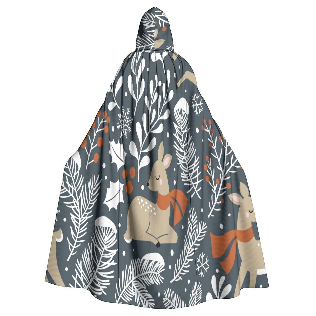 Hooded cape with dark blue woodland pattern, wide flared silhouette