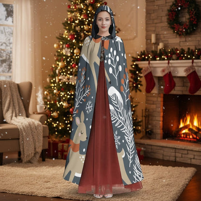 Unisex hooded cloak with dark blue deer-and-forest print, floor-length cape