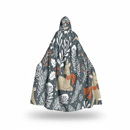 Back hooded cloak product view with dark blue woodland print, cape drape
