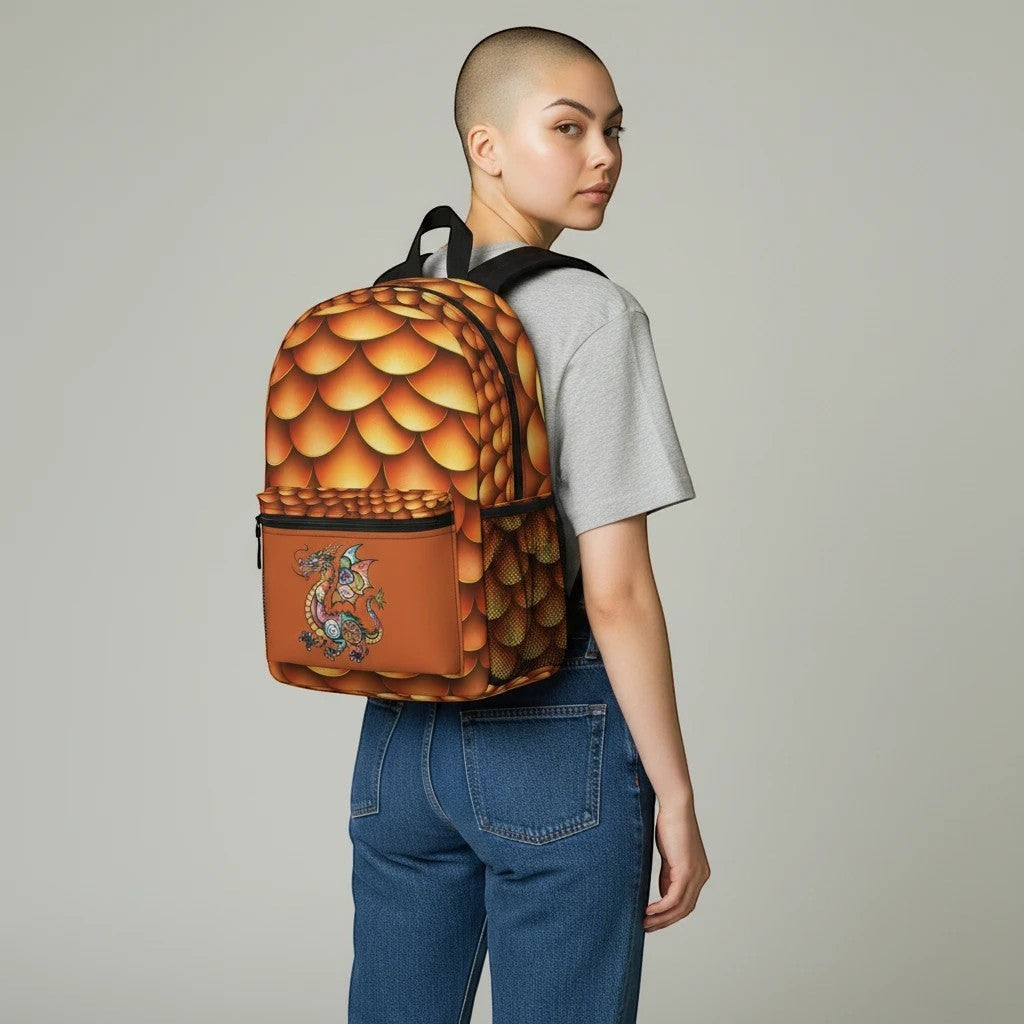 Dragon-scales backpack worn from the side, front pocket with dragon illustration