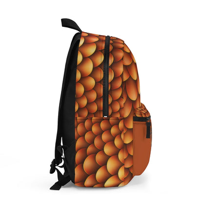 Dragon-scales backpack side view with black zipper trim and matching side pocket