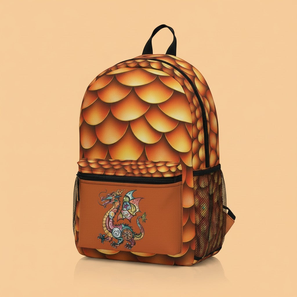 Dragon-scales backpack with front pocket and colorful dragon graphic, black straps