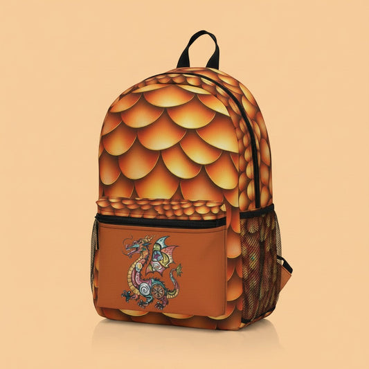 Dragon-scales backpack with front pocket and colorful dragon graphic, black straps