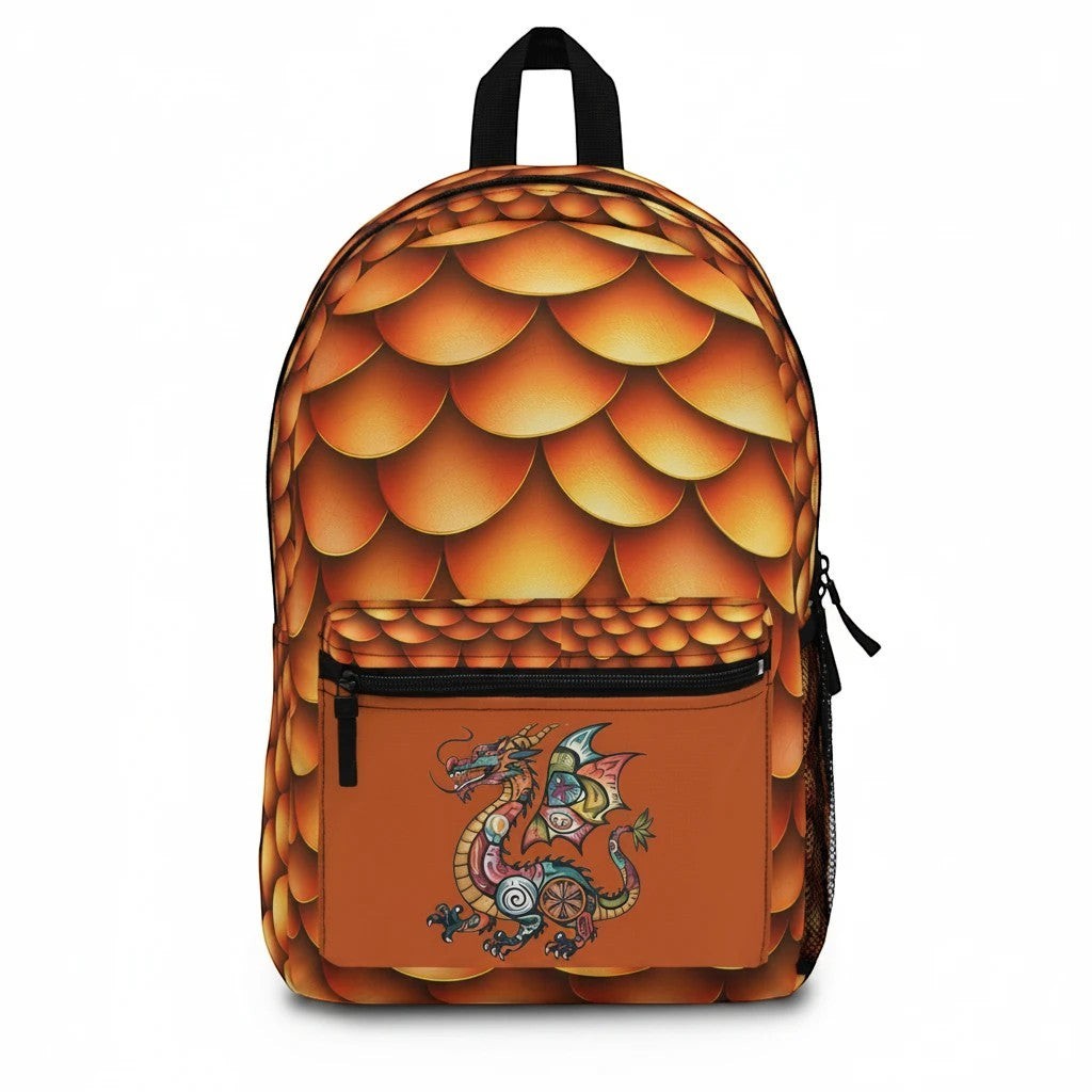 Dragon-scales backpack front view with front pocket dragon graphic and dangling pull