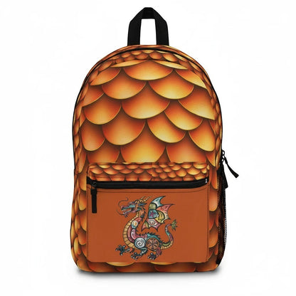 Dragon-scales backpack front view with front pocket dragon graphic and dangling pull