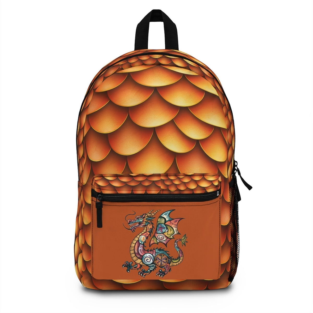 Dragon-scales backpack front view with front pocket dragon graphic and black straps
