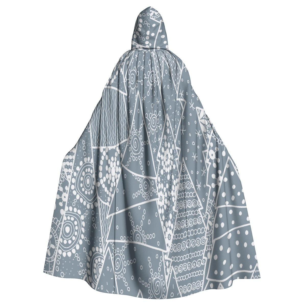 Hooded cape cloak in blue-gray with abstract snowflake and dot pattern, front view