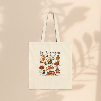 ’Tis the Season Halloween Cotton Canvas Tote Bag – Retro Illustrated Collage | 12oz Heavy Canvas | 15” × 16” | Spooky Season Tote