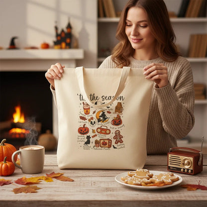 ’Tis the Season Halloween Cotton Canvas Tote Bag – Retro Illustrated Collage | 12oz Heavy Canvas | 15” × 16” | Spooky Season Tote