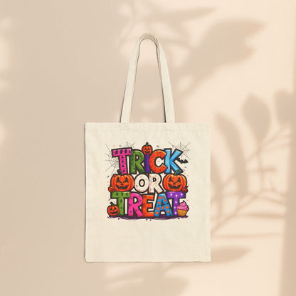 Trick or Treat Halloween Cotton Canvas Tote Bag – Bold Colourful Typography Design | Natural & Black | 15” × 16” | Fun Halloween Trick or Treat Bag