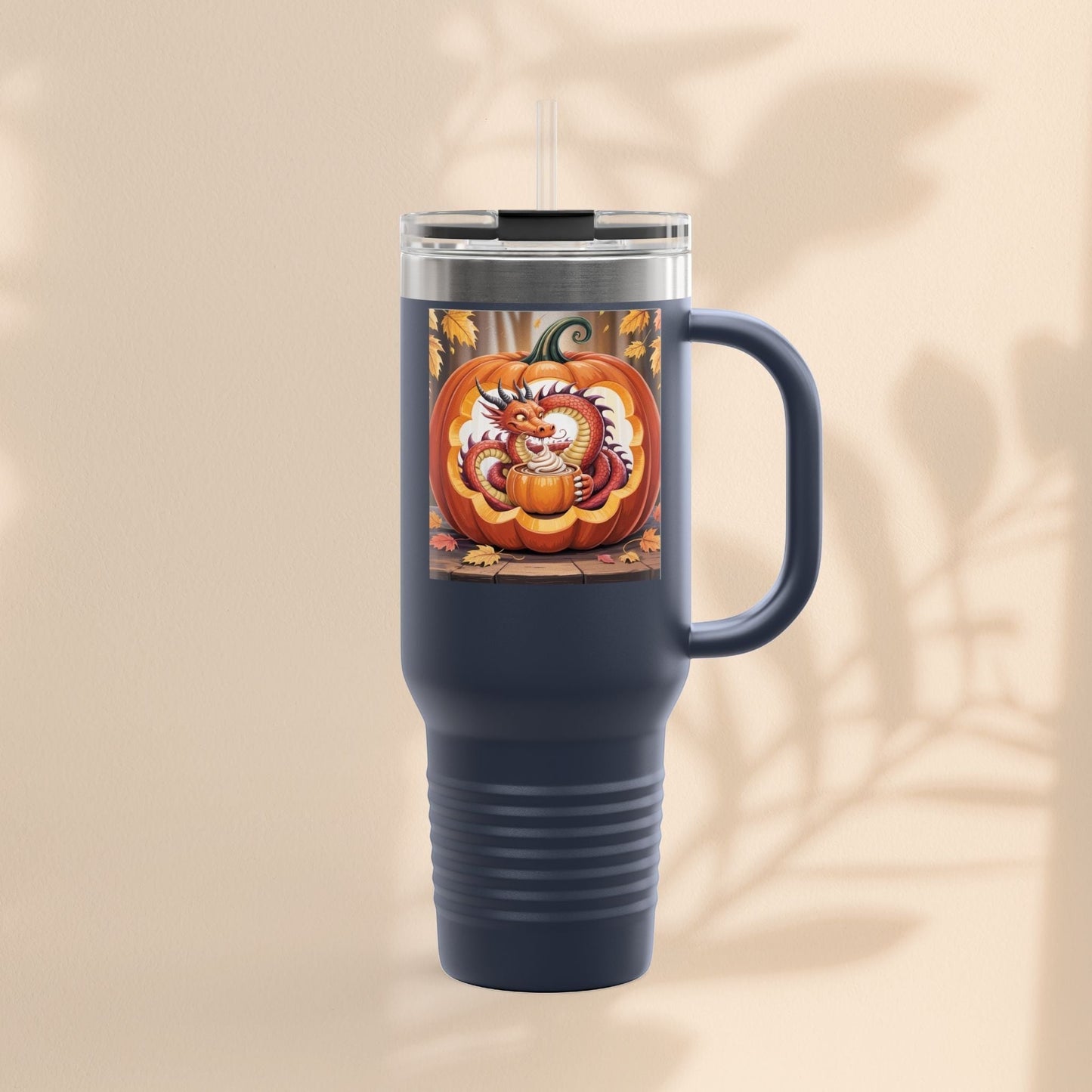 40oz insulated travel mug, navy blue with dragon pumpkin graphic and side handle