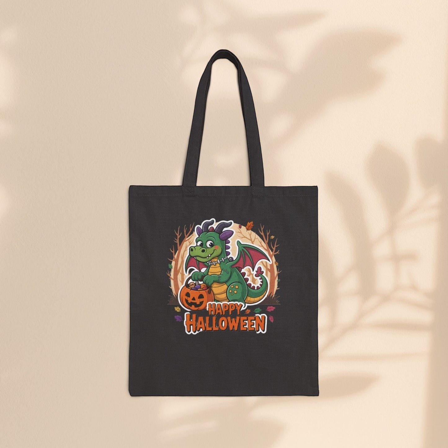 Happy Halloween Dragon Cotton Canvas Tote Bag – Cute Baby Dragon with Jack-O-Lantern | Natural & Black | 15” × 16” | Dragon Lover Halloween Gift
