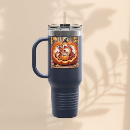 40oz insulated travel mug, dark blue with dragon pumpkin graphic and clear lid straw