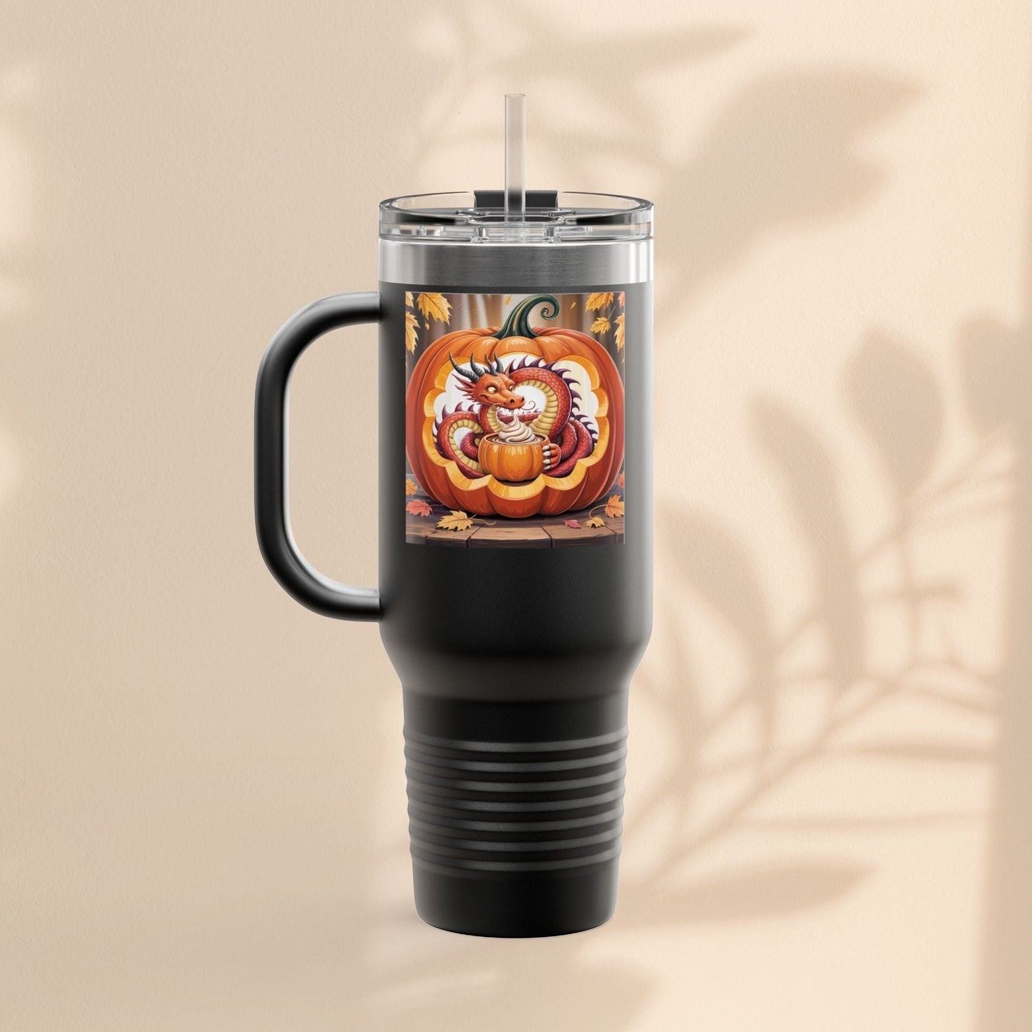 40oz insulated travel mug, black with dragon pumpkin graphic and clear lid straw