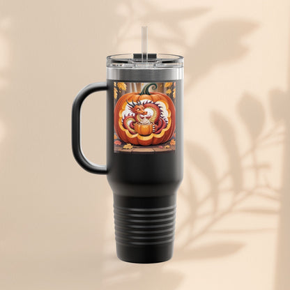 40oz insulated travel mug, black with dragon pumpkin graphic and clear lid straw