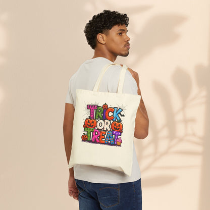 Trick or Treat Halloween Cotton Canvas Tote Bag – Bold Colourful Typography Design | Natural & Black | 15” × 16” | Fun Halloween Trick or Treat Bag