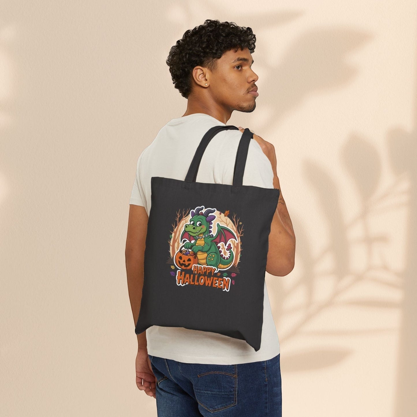 Happy Halloween Dragon Cotton Canvas Tote Bag – Cute Baby Dragon with Jack-O-Lantern | Natural & Black | 15” × 16” | Dragon Lover Halloween Gift