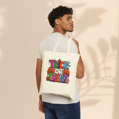 Trick or Treat Halloween Cotton Canvas Tote Bag – Bold Colourful Typography Design | Natural & Black | 15” × 16” | Fun Halloween Trick or Treat Bag