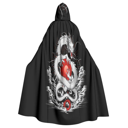 Black hooded cloak with dragon artwork on back, full cape flare
