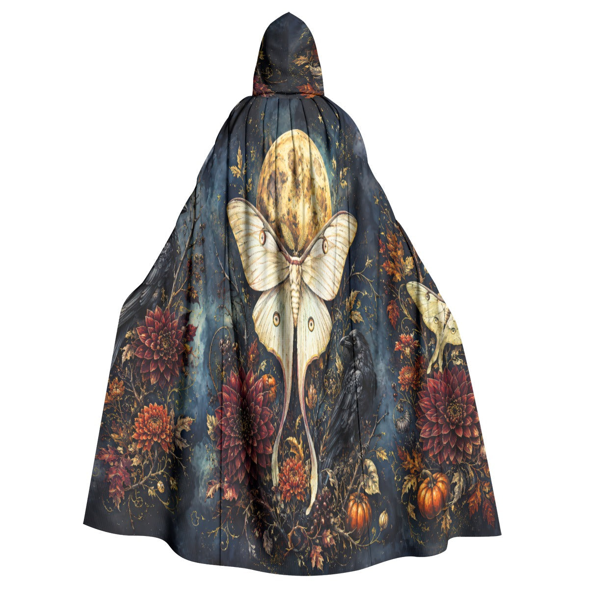 Front cape view hooded cloak with moth centerpiece and autumn floral print