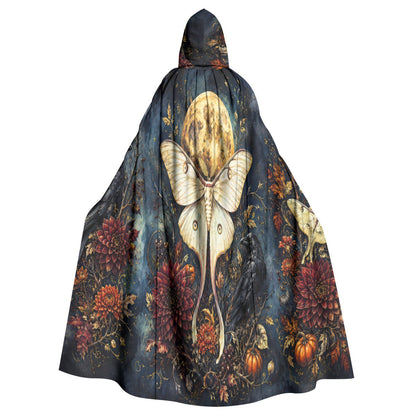Front cape view hooded cloak with moth centerpiece and autumn floral print